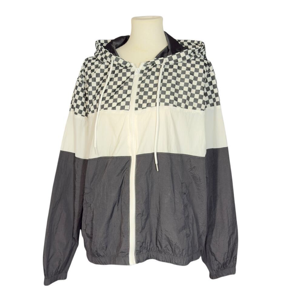 No Boundaries Black White Check Checkered Hooded Windbreaker XXXL